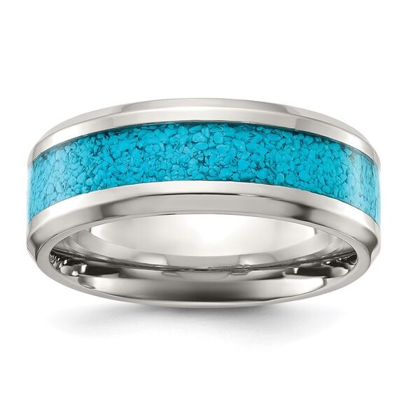 Kazi Luxury Chisel Titanium Polished with Turquoise Inlay 8mm Band - Picture 1 of 9